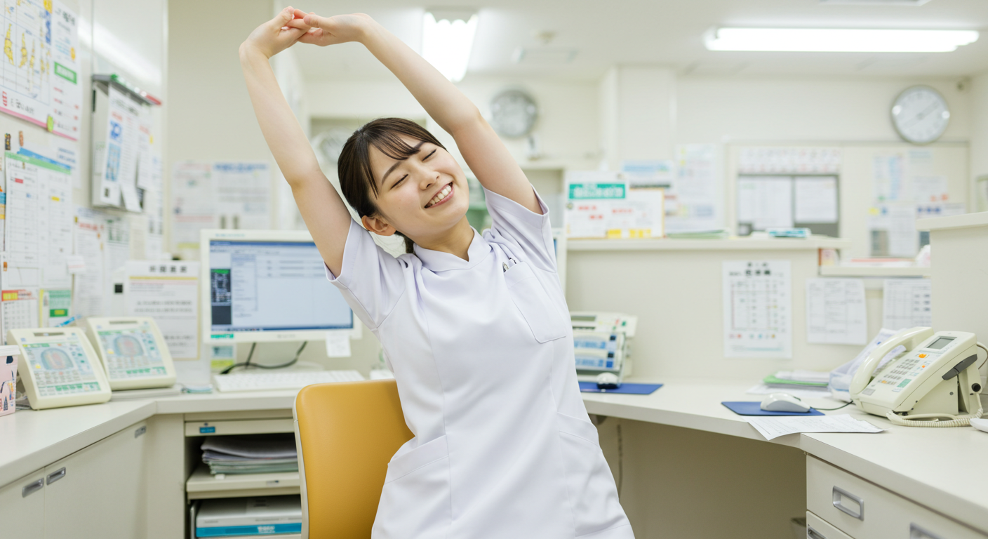 伸びをする看護師
