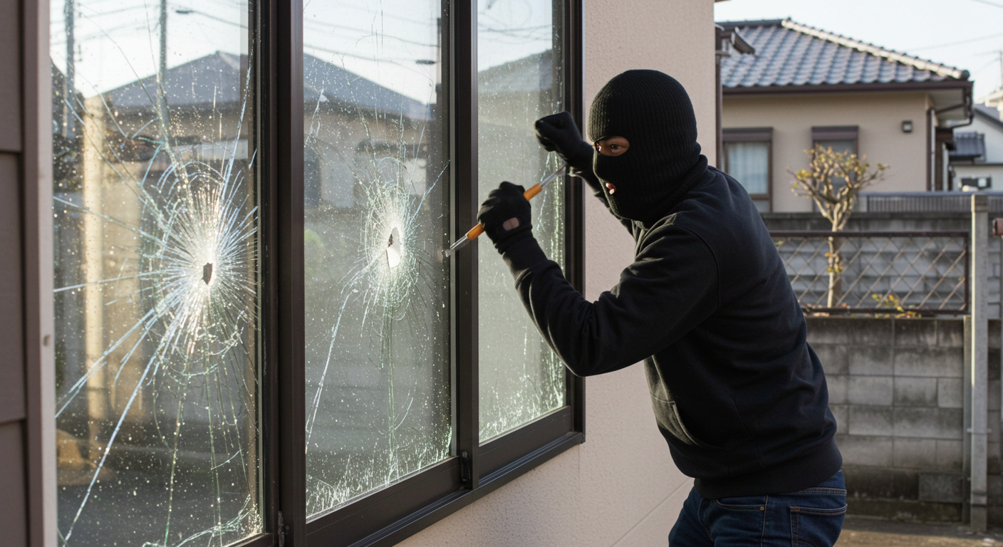 割れない窓ガラスを叩く強盗